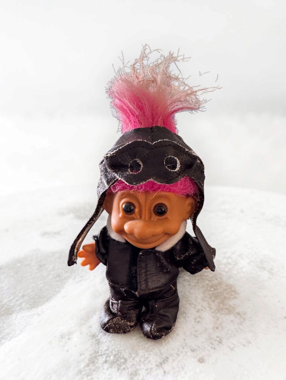 Vintage Russ Berrie Troll Doll Biker Motorcycle Pink Hair Leather Outfit 8”